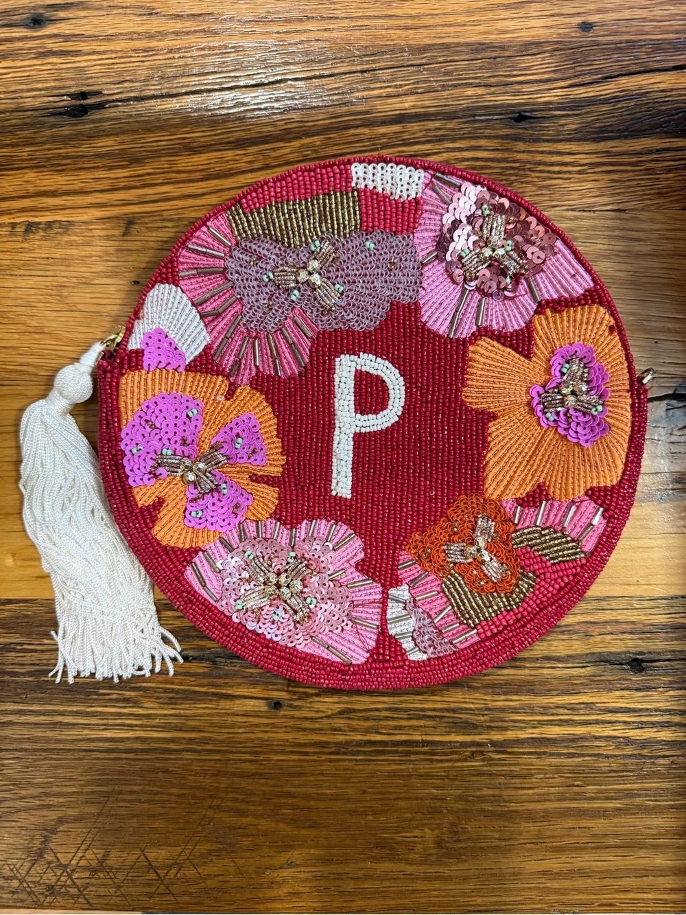 Vera Harloff x Anthropologie Beaded Embroidered Tassel Zip Bag